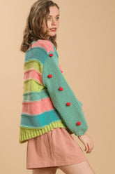Umgee Full Size Color Block Cable Knit Sweater with Pom Pom Plus Size OutfitFlow